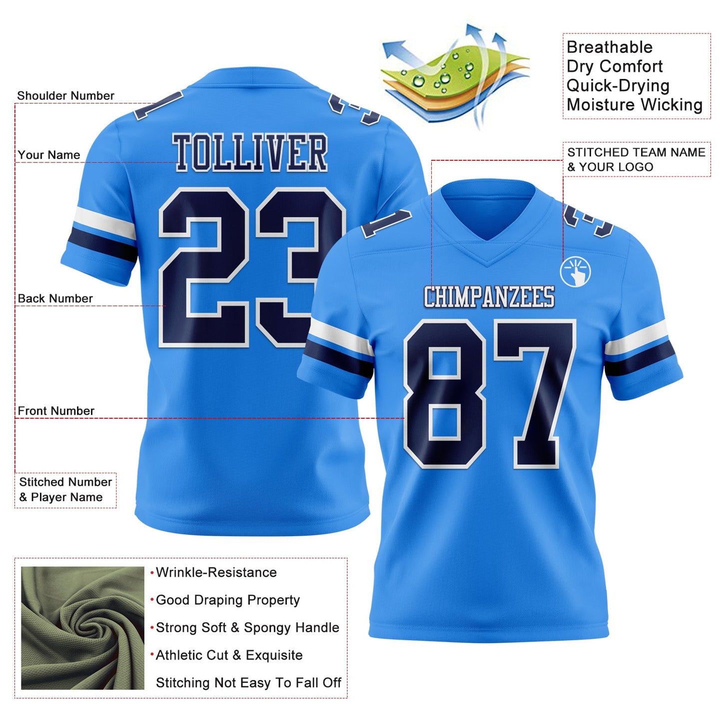 Custom Powder Blue Navy-White Mesh Authentic Football Jersey - Sky-Custom