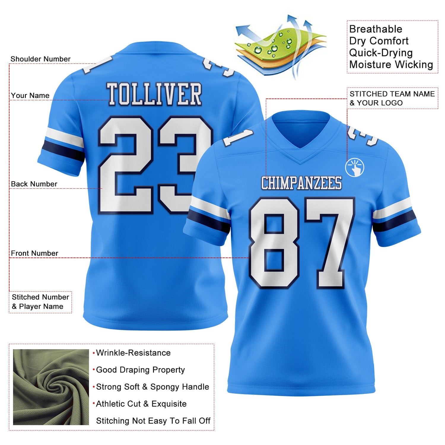 Custom Powder Blue White-Navy Mesh Authentic Football Jersey - Sky-Custom