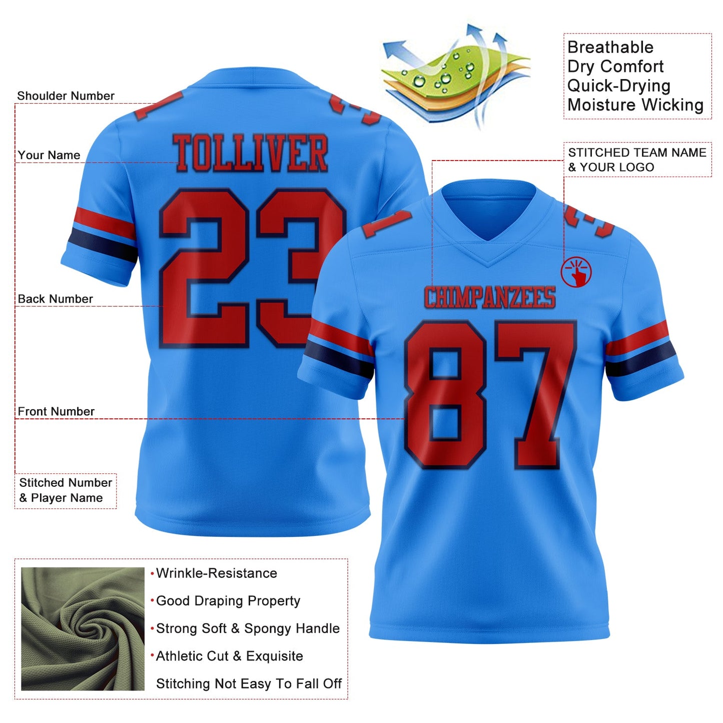 Custom Powder Blue Red-Navy Mesh Authentic Football Jersey - Sky-Custom