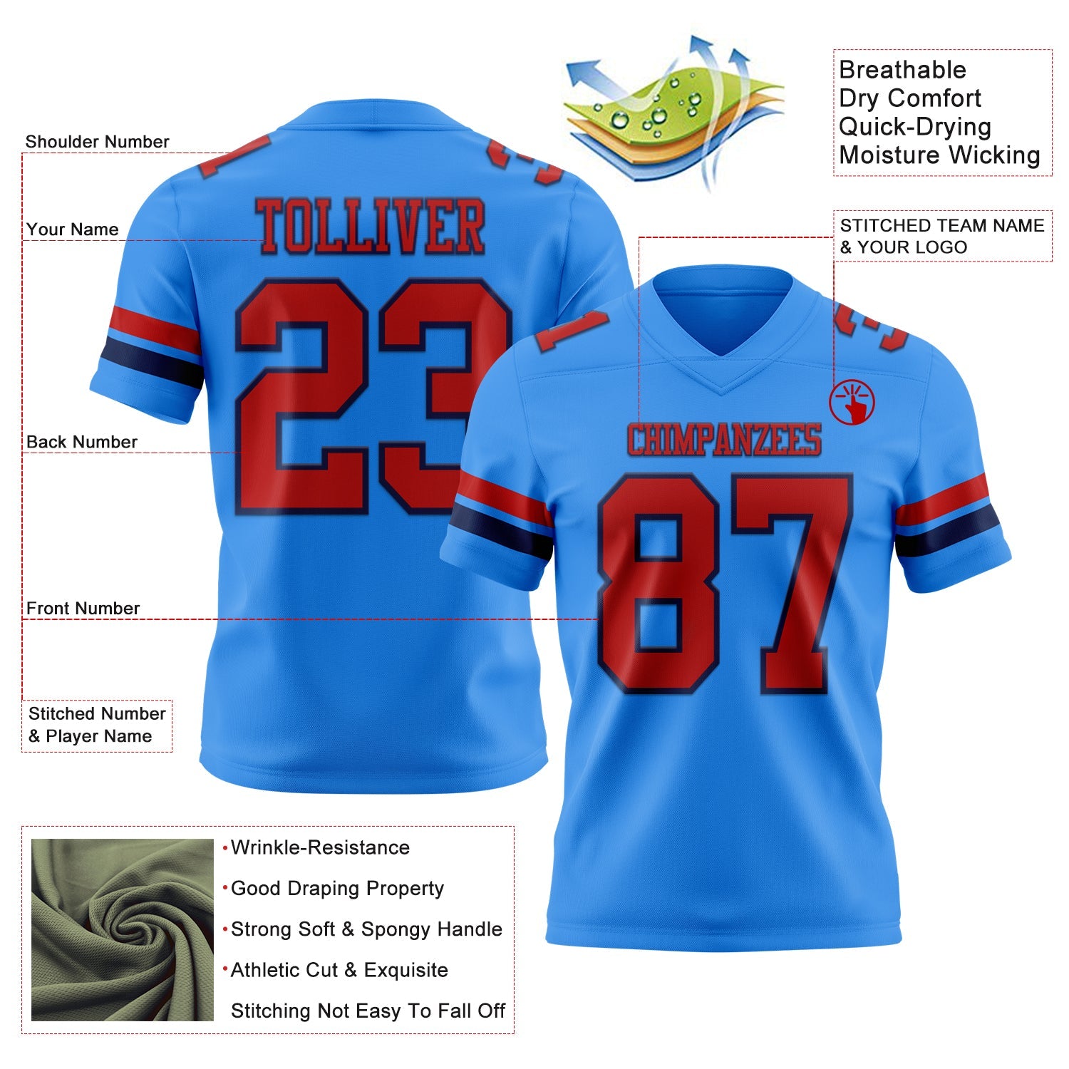 Custom Powder Blue Red-Navy Mesh Authentic Football Jersey - Sky-Custom
