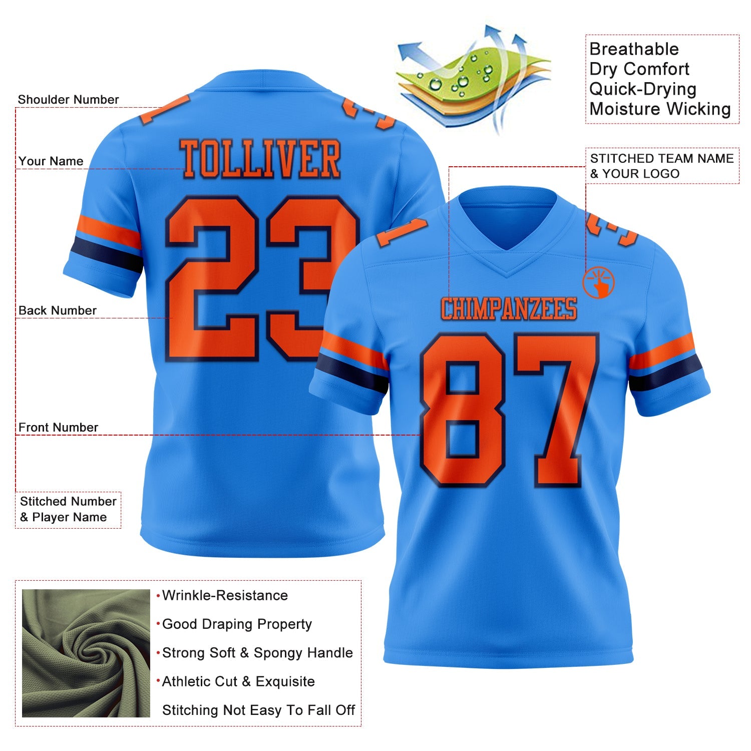 Custom Powder Blue Orange-Navy Mesh Authentic Football Jersey - Sky-Custom