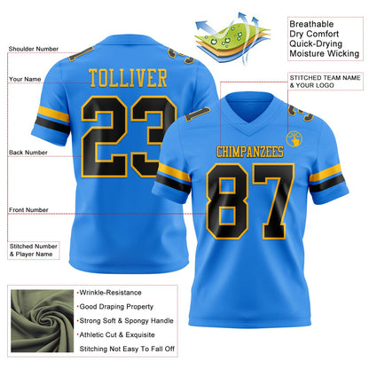 Custom Powder Blue Black-Gold Mesh Authentic Football Jersey - Sky-Custom