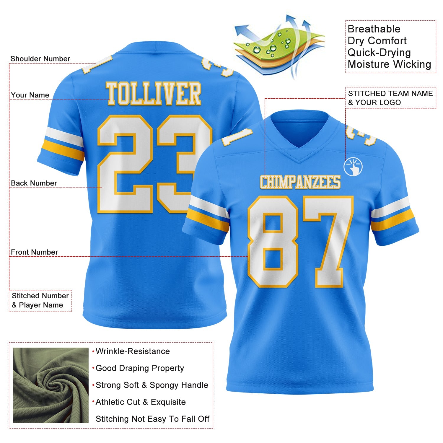 Custom Powder Blue White-Gold Mesh Authentic Football Jersey - Sky-Custom