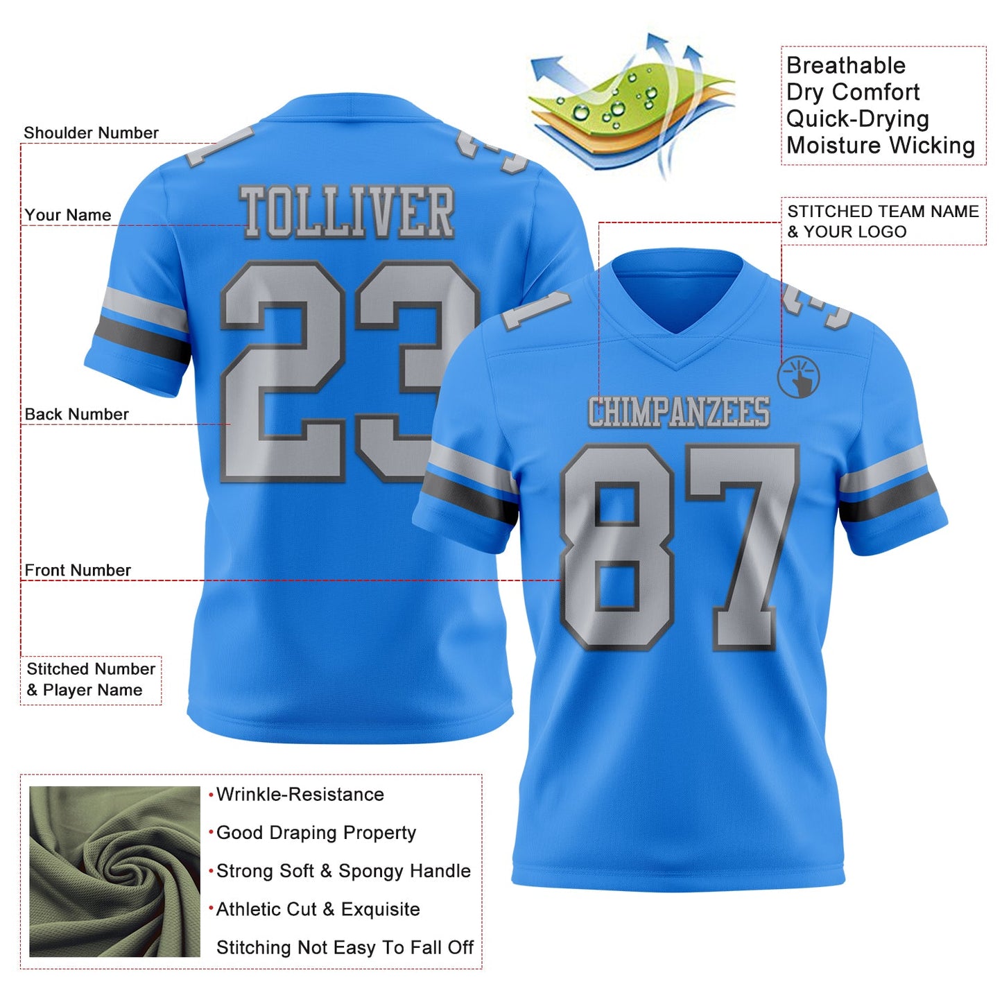 Custom Powder Blue Gray-Steel Gray Mesh Authentic Football Jersey - Sky-Custom