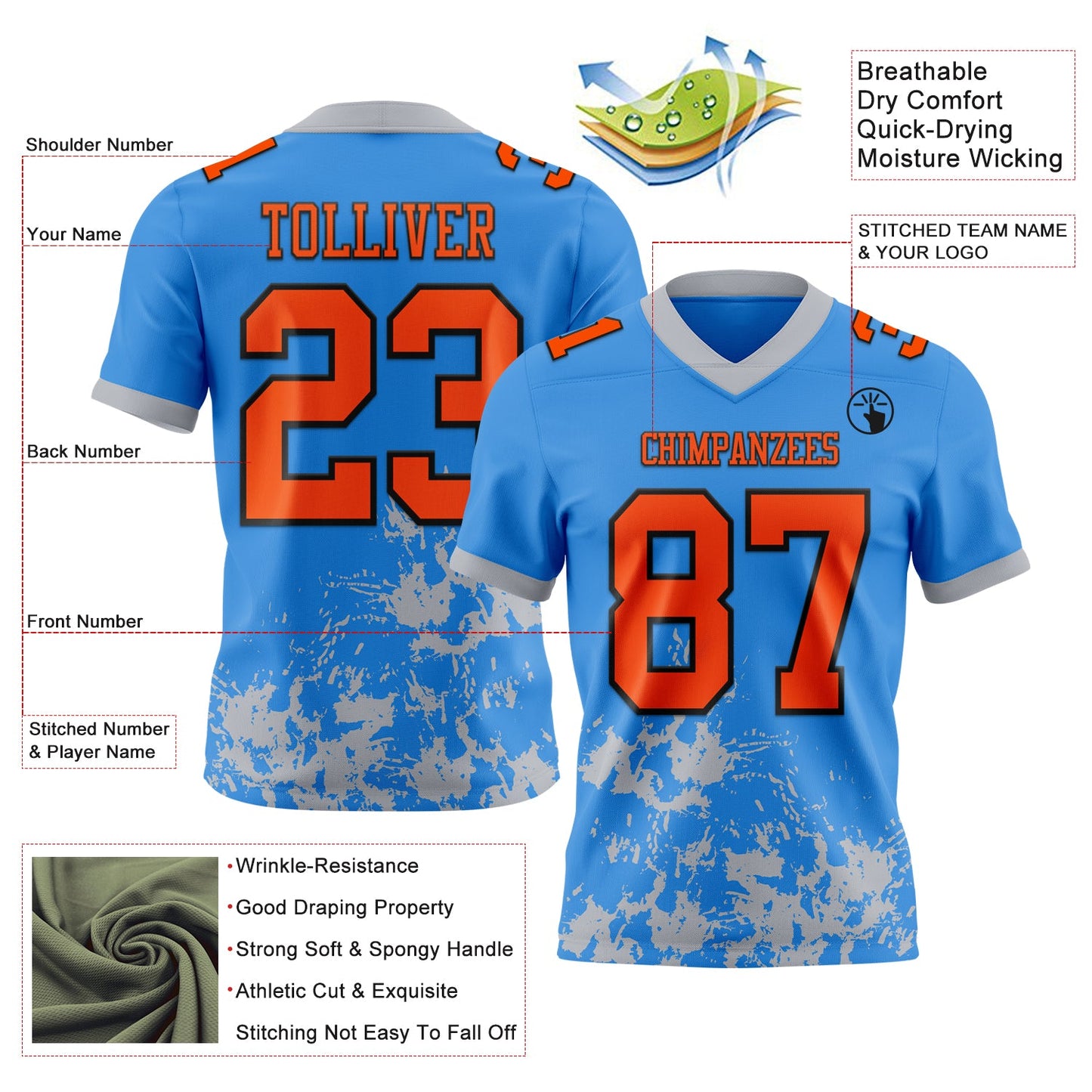 Custom Powder Blue Orange Gray-Black Splash Mesh Authentic Football Jersey - Sky-Custom