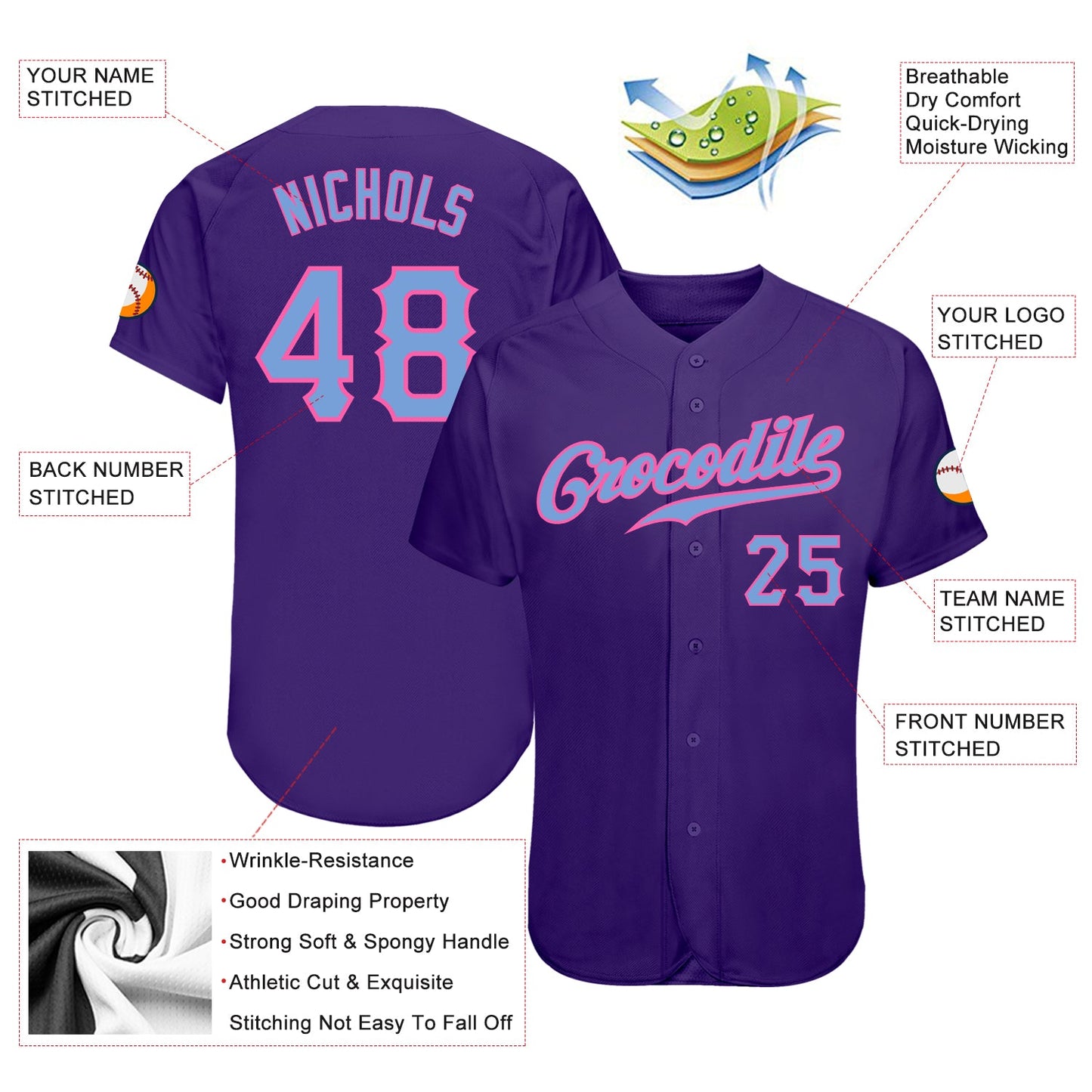 Custom Purple Light Blue-Pink Authentic Baseball Jersey - Sky-Custom