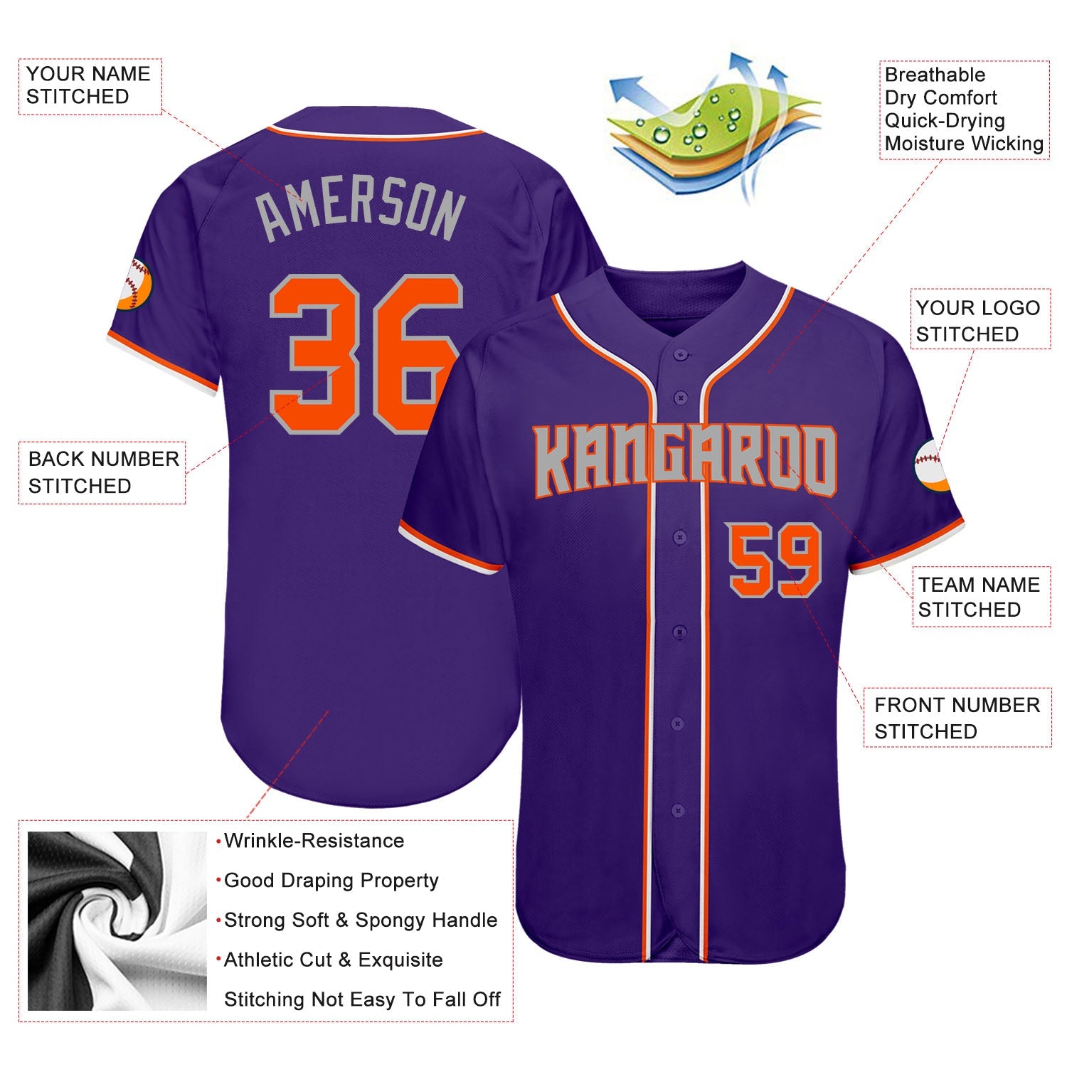 Custom Purple Orange-Gray Authentic Baseball Jersey - Sky-Custom