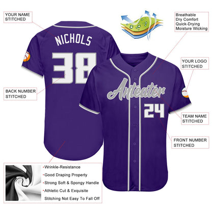 Custom Purple White-Gray Authentic Baseball Jersey - Sky-Custom