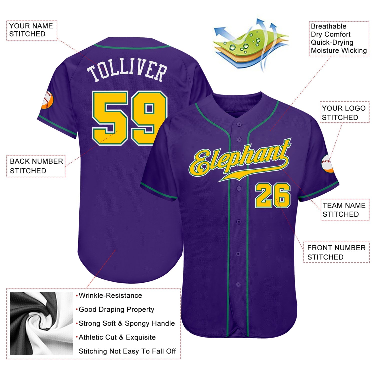 Custom Purple Gold-Kelly Green Authentic Baseball Jersey - Sky-Custom