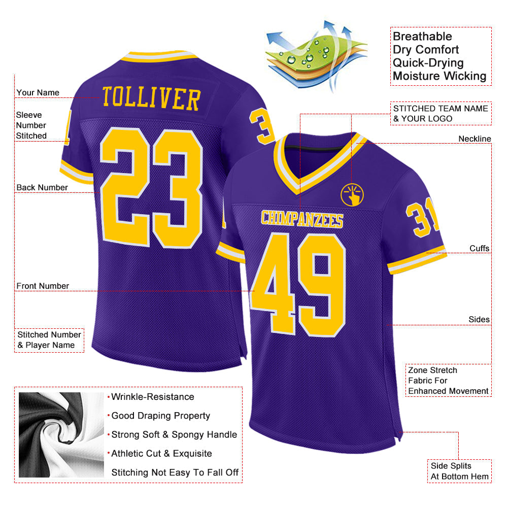 Custom Purple Gold-White Mesh Authentic Throwback Football Jersey - Sky-Custom