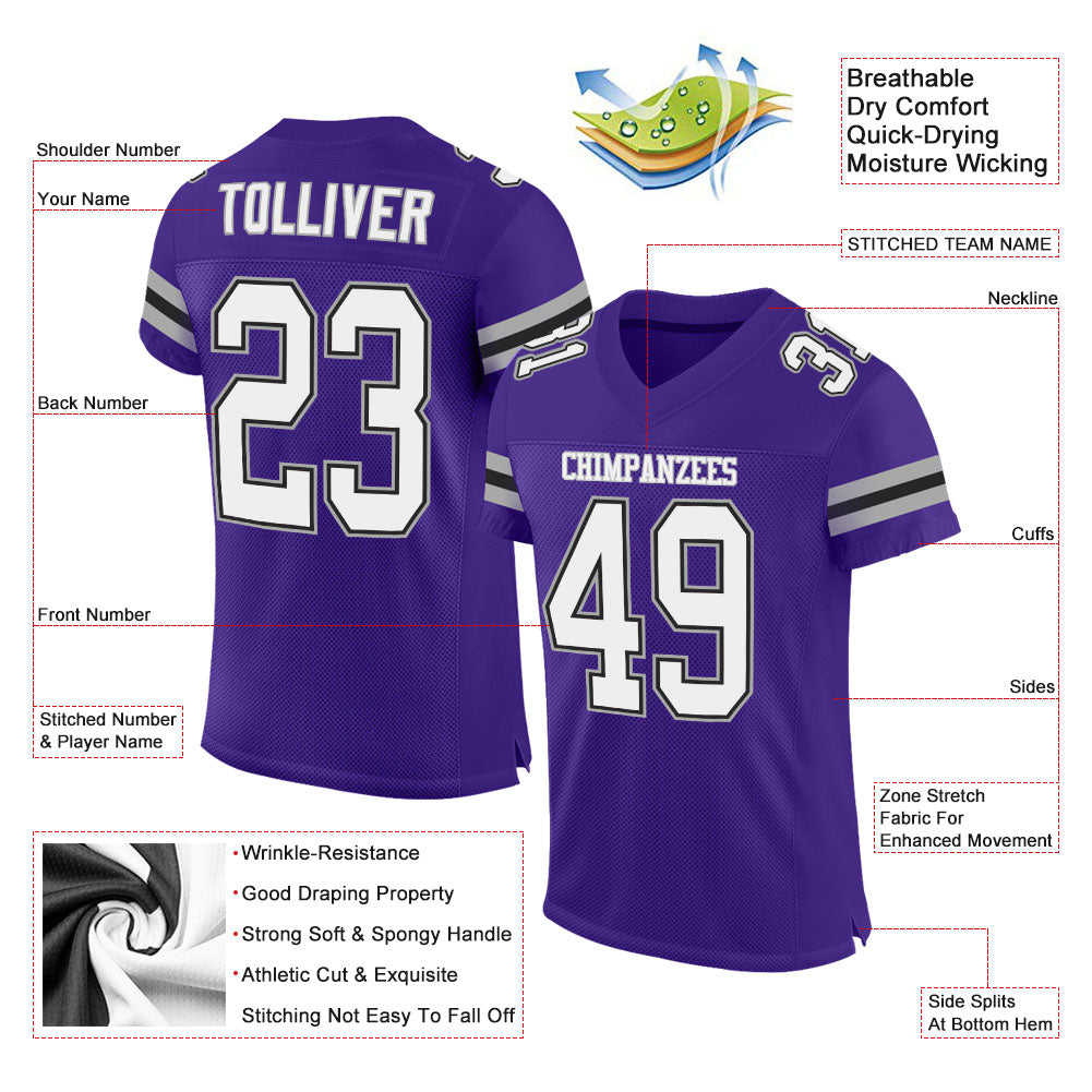 Custom Purple White-Gray Mesh Authentic Football Jersey - Sky-Custom