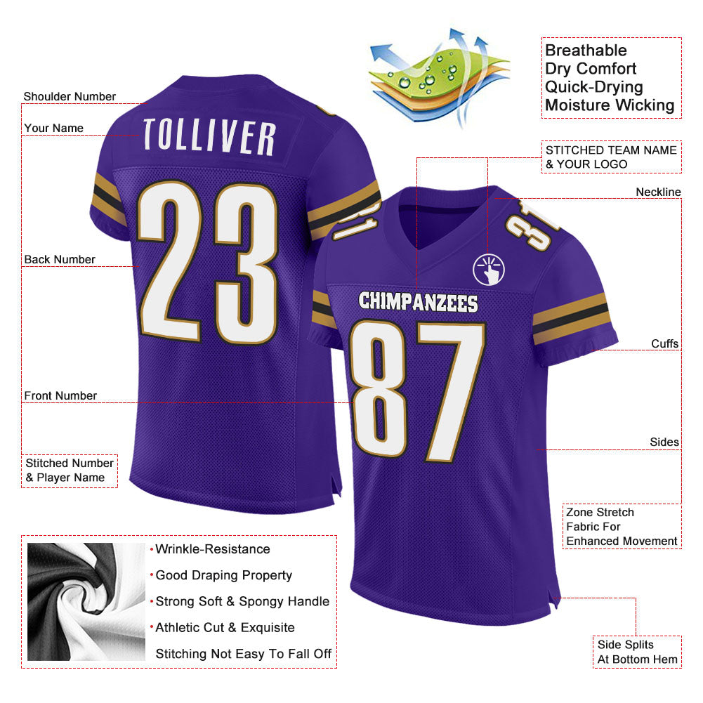 Custom Purple White-Old Gold Mesh Authentic Football Jersey - Sky-Custom