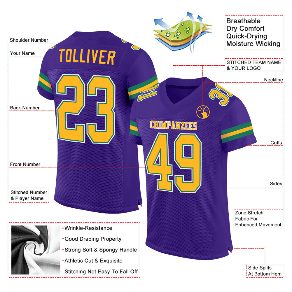 Custom Purple Gold-Kelly Green Mesh Authentic Football Jersey - Sky-Custom