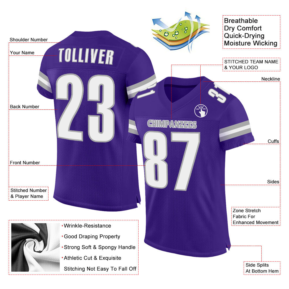Custom Purple White-Gray Mesh Authentic Football Jersey - Sky-Custom