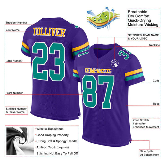 Custom Purple Aqua-Gold Mesh Authentic Football Jersey - Sky-Custom