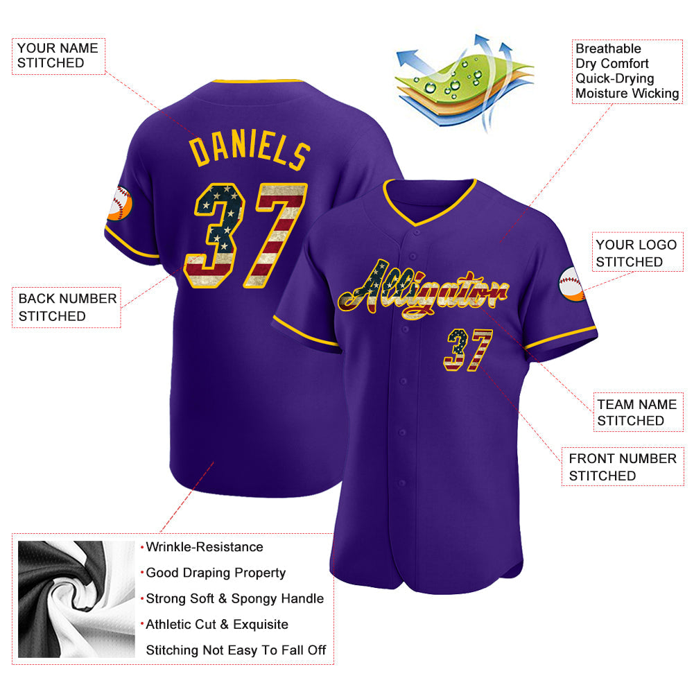 Custom Purple Vintage USA Flag-Gold Authentic Baseball Jersey - Sky-Custom