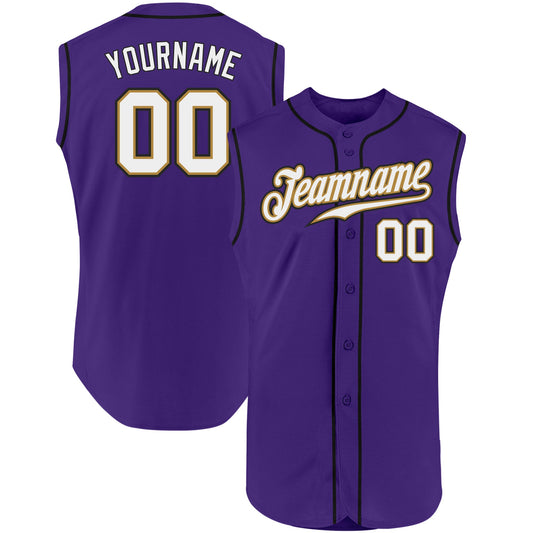 Custom Purple White-Old Gold Authentic Sleeveless Baseball Jersey - Sky-Custom