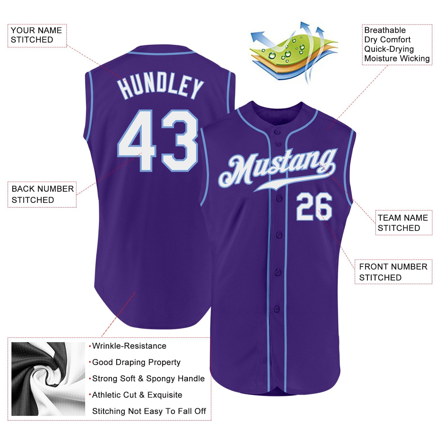 Custom Purple White-Light Blue Authentic Sleeveless Baseball Jersey - Sky-Custom