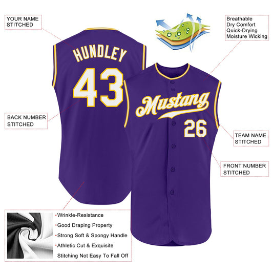 Custom Purple White-Gold Authentic Sleeveless Baseball Jersey - Sky-Custom