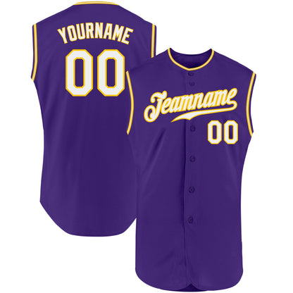 Custom Purple White-Gold Authentic Sleeveless Baseball Jersey - Sky-Custom