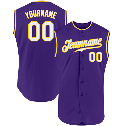 Custom Purple White-Gold Authentic Sleeveless Baseball Jersey - Sky-Custom