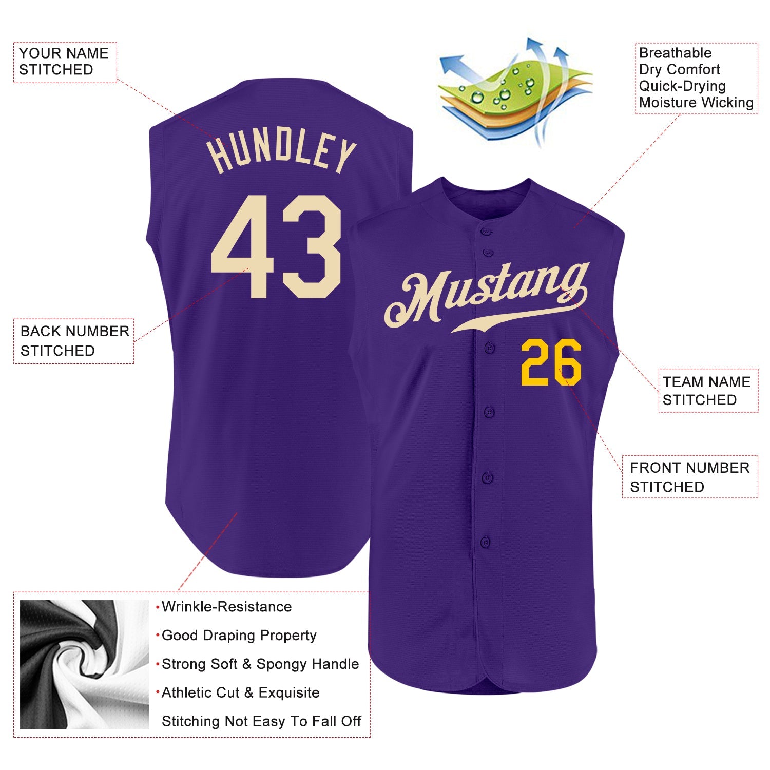Custom Purple Cream-Gold Authentic Sleeveless Baseball Jersey - Sky-Custom