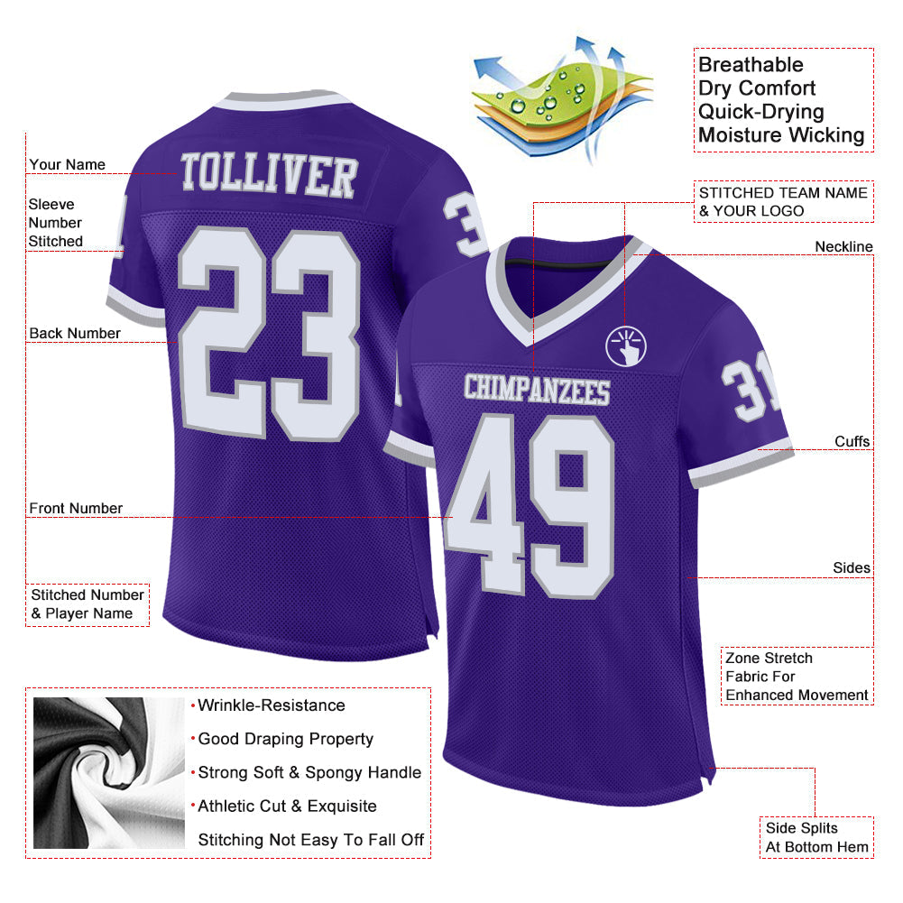 Custom Purple White-Gray Mesh Authentic Throwback Football Jersey - Sky-Custom