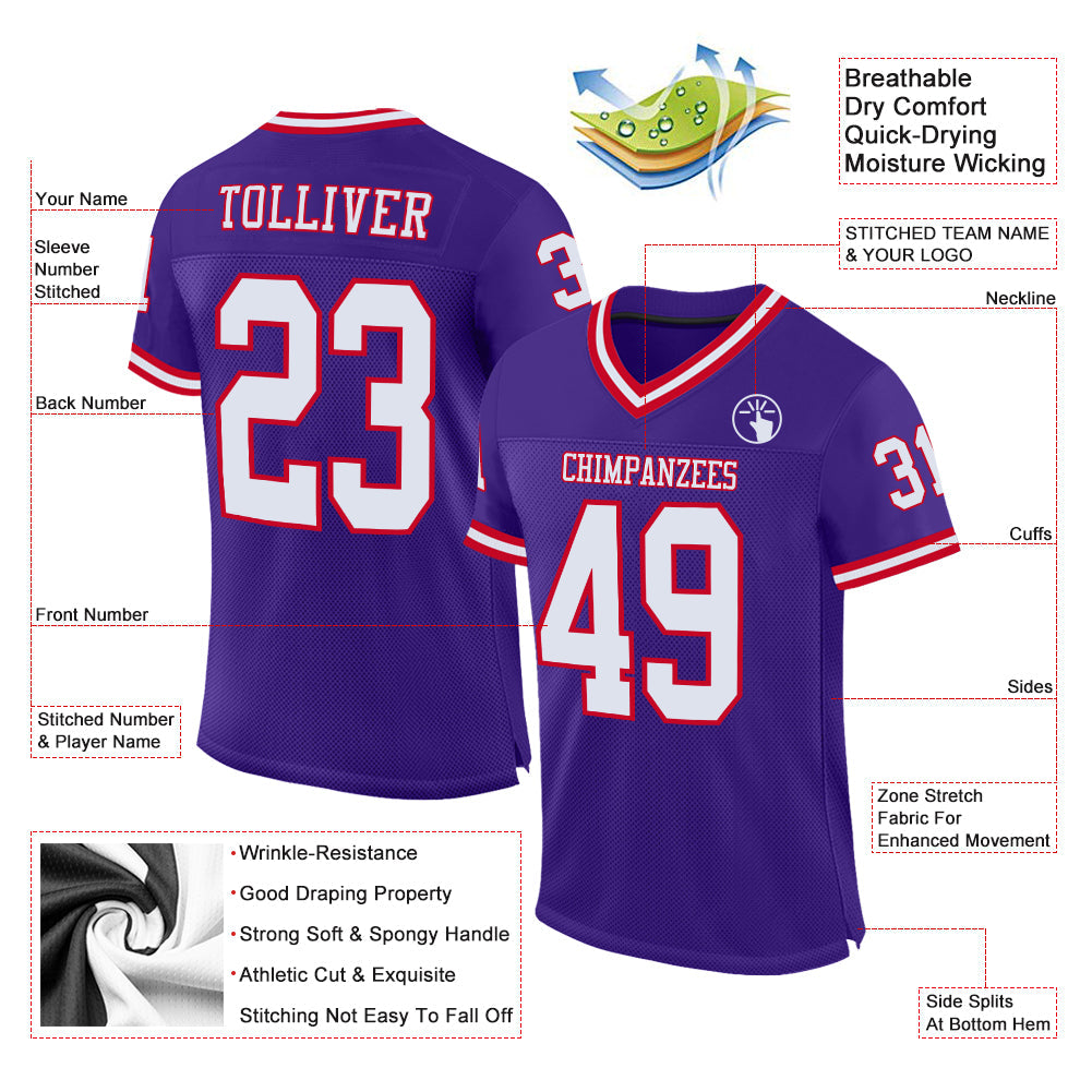 Custom Purple White-Red Mesh Authentic Throwback Football Jersey - Sky-Custom