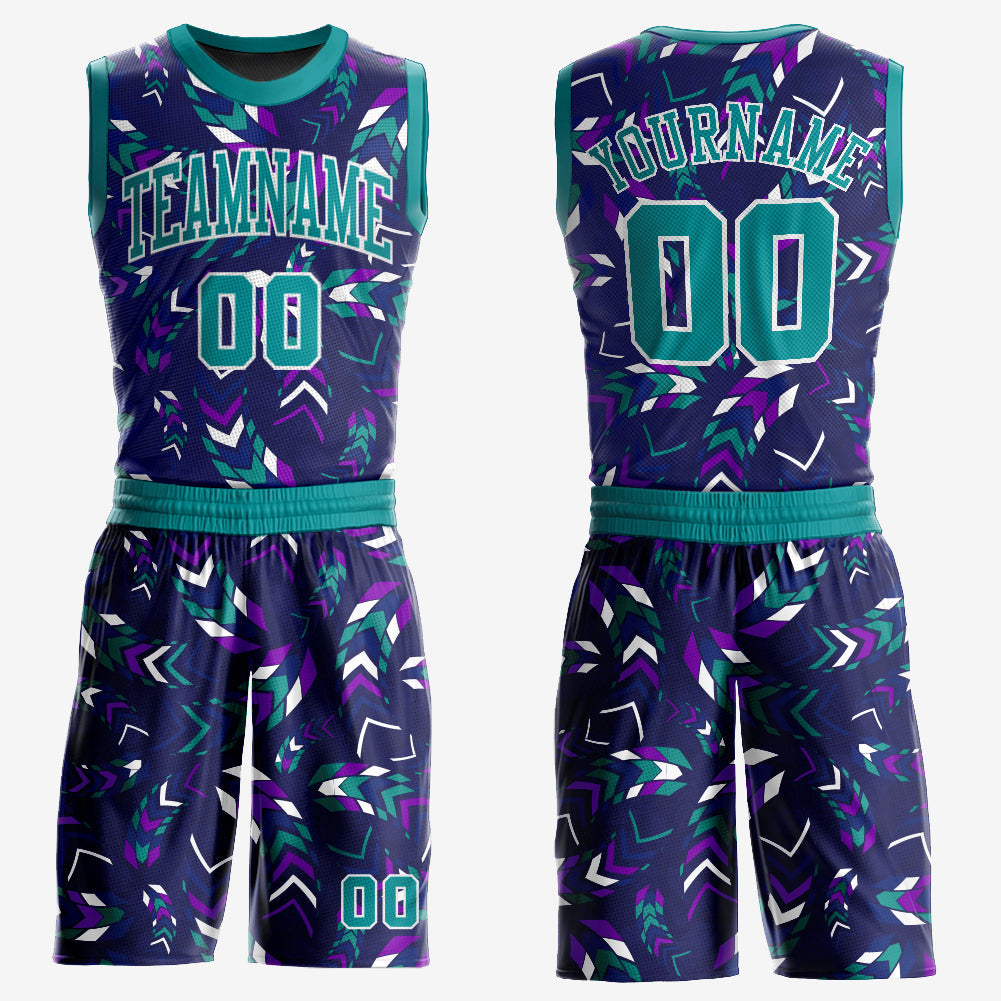 Custom Purple Aqua-White Music Festival Round Neck Sublimation Basketball Suit Jersey - Sky-Custom