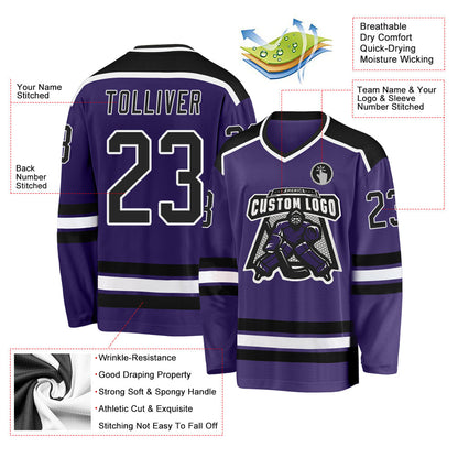 Custom Purple Black-White Hockey Jersey - Sky-Custom