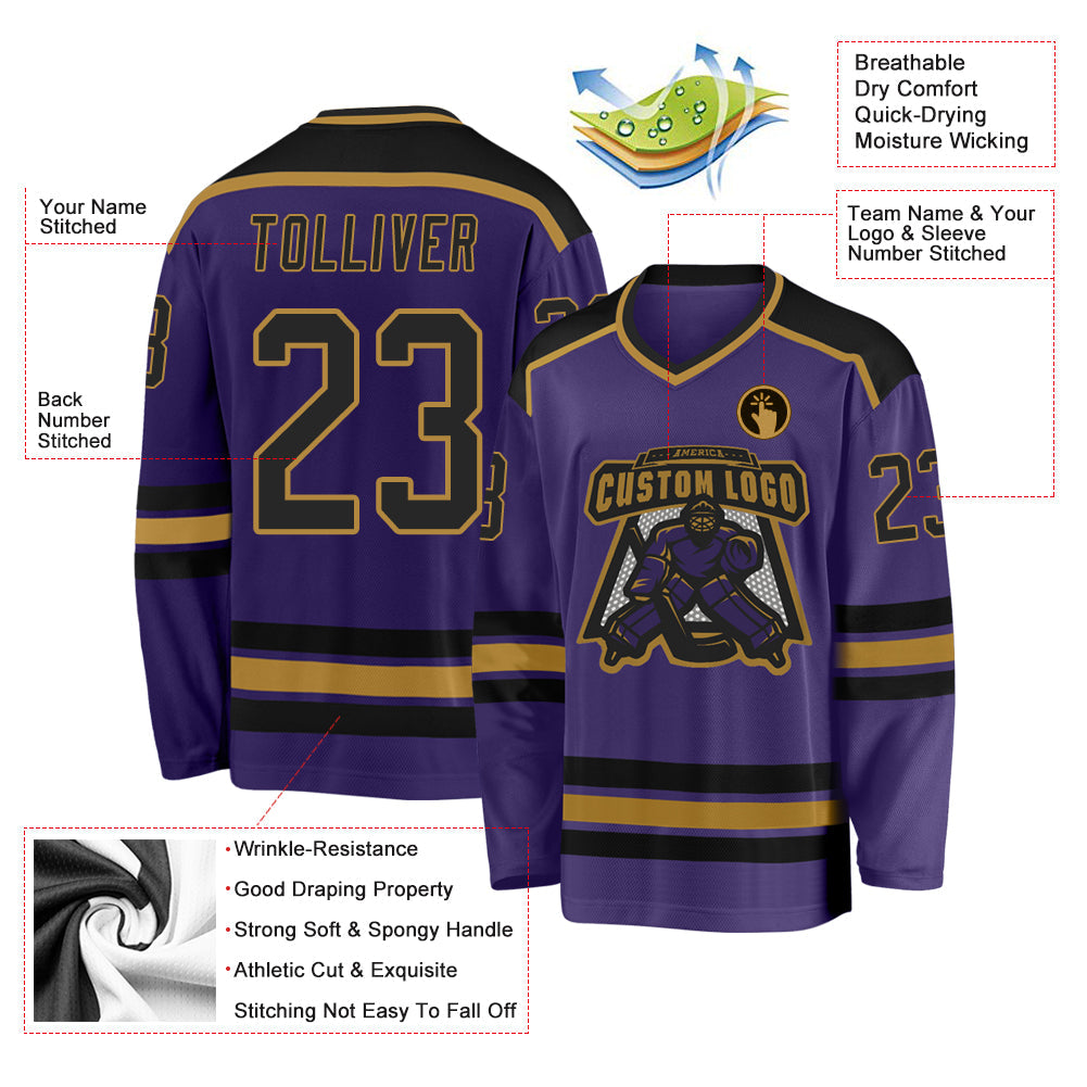 Custom Purple Black-Old Gold Hockey Jersey - Sky-Custom