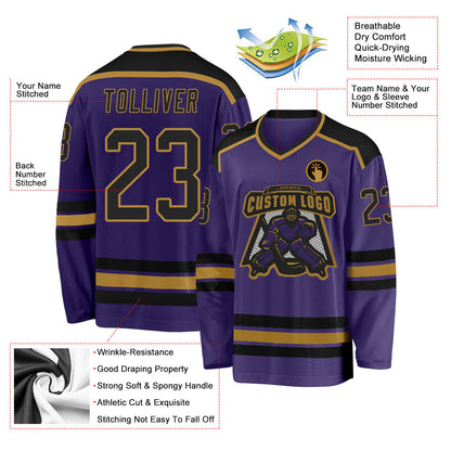 Custom Purple Black-Old Gold Hockey Jersey - Sky-Custom
