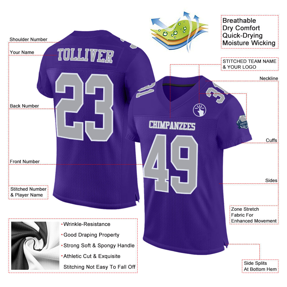 Custom Purple Gray-White Mesh Authentic Football Jersey - Sky-Custom