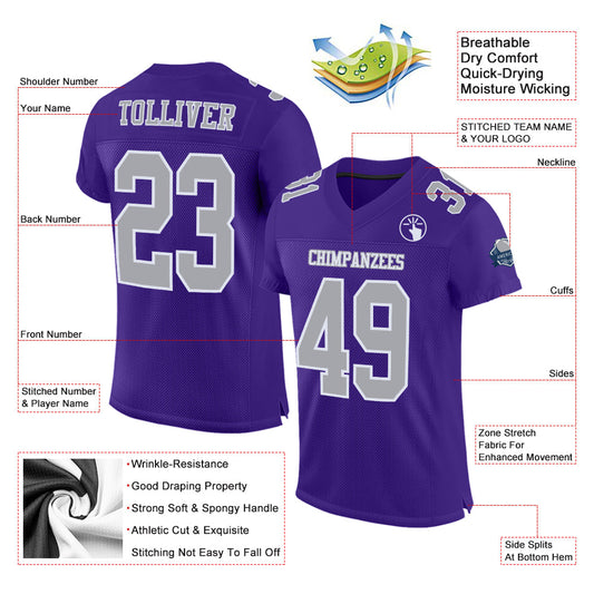 Custom Purple Gray-White Mesh Authentic Football Jersey - Sky-Custom