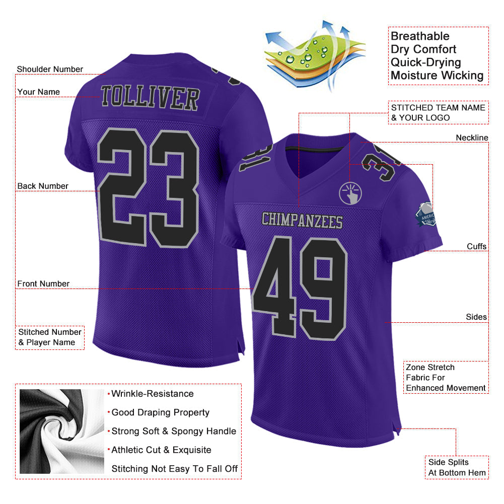 Custom Purple Black-Gray Mesh Authentic Football Jersey - Sky-Custom