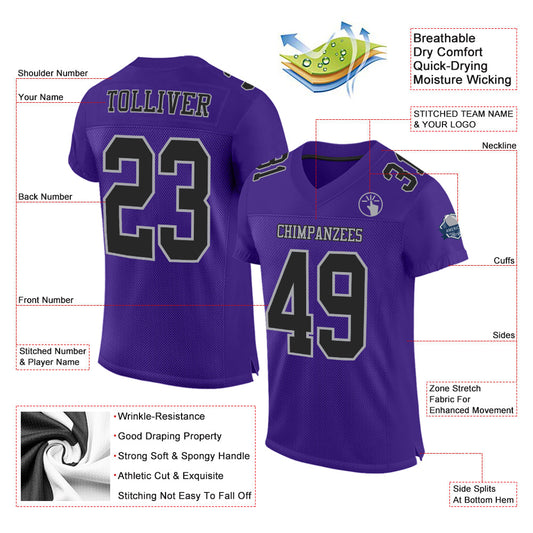 Custom Purple Black-Gray Mesh Authentic Football Jersey - Sky-Custom