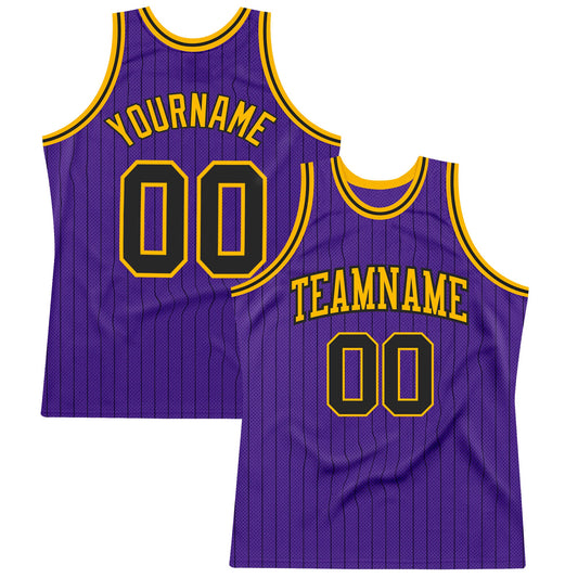 Custom Purple Black Pinstripe Black-Gold Authentic Basketball Jersey - Sky-Custom