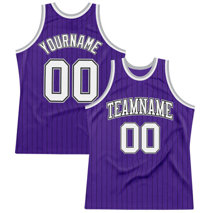 Custom Purple Black Pinstripe White-Gray Authentic Basketball Jersey - Sky-Custom