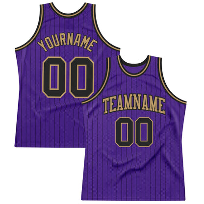 Custom Purple Black Pinstripe Black-Old Gold Authentic Basketball Jersey - Sky-Custom