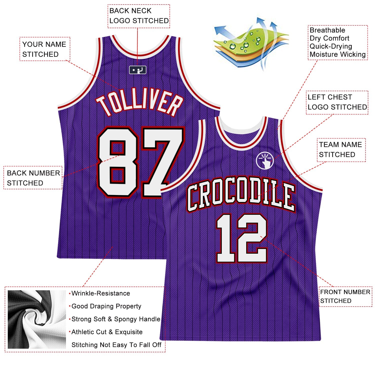 Custom Purple Black Pinstripe White-Red Authentic Basketball Jersey - Sky-Custom