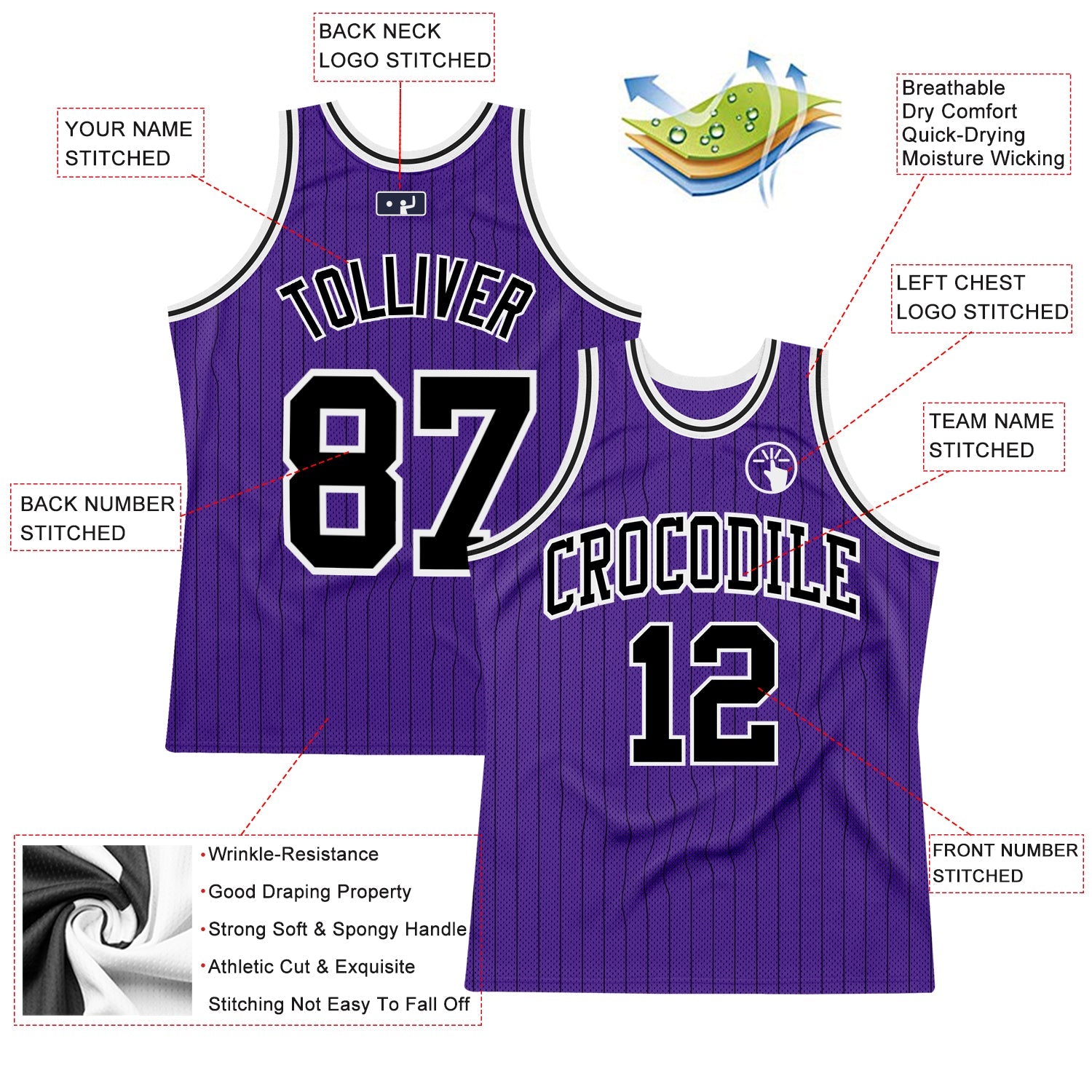 Custom Purple Black Pinstripe Black-White Authentic Basketball Jersey - Sky-Custom