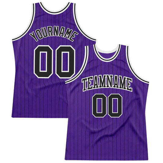 Custom Purple Black Pinstripe Black-White Authentic Basketball Jersey - Sky-Custom