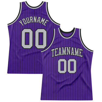 Custom Purple Black Pinstripe Gray Authentic Basketball Jersey - Sky-Custom