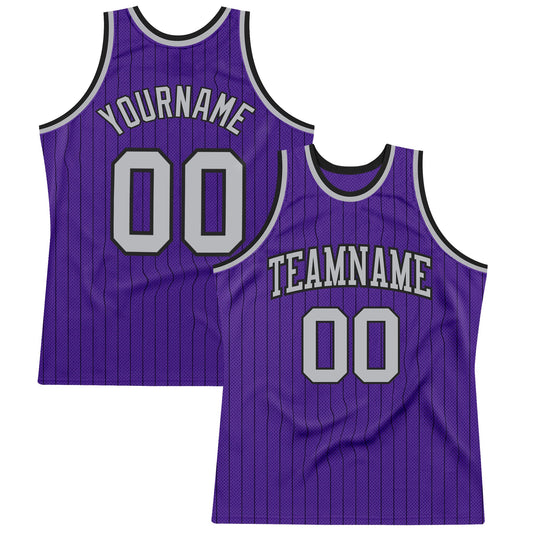 Custom Purple Black Pinstripe Gray Authentic Basketball Jersey - Sky-Custom