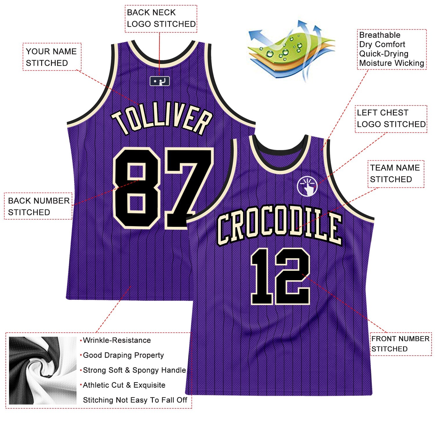 Custom Purple Black Pinstripe Black-Cream Authentic Basketball Jersey - Sky-Custom