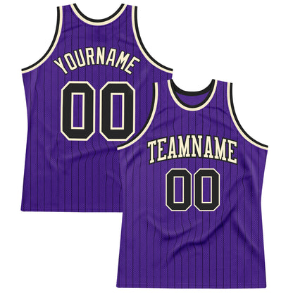 Custom Purple Black Pinstripe Black-Cream Authentic Basketball Jersey - Sky-Custom