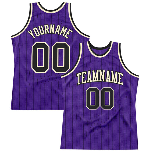 Custom Purple Black Pinstripe Black-Cream Authentic Basketball Jersey - Sky-Custom