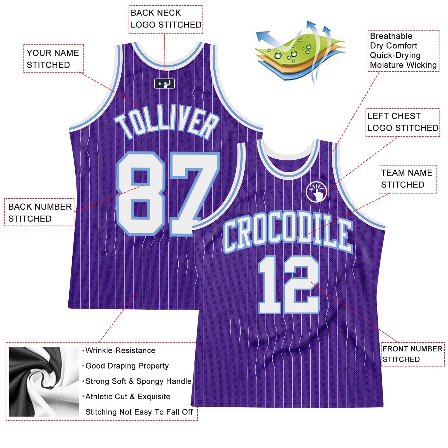 Custom Purple White Pinstripe White-Light Blue Authentic Basketball Jersey - Sky-Custom