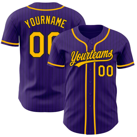 Custom Purple Black Pinstripe Gold Authentic Baseball Jersey - Sky-Custom