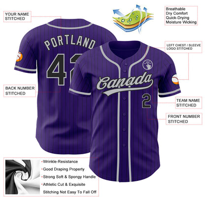 Custom Purple Black Pinstripe Gray Authentic Baseball Jersey - Sky-Custom